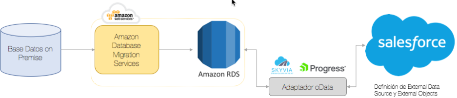 Diagrama uso de Salesforce Connect para acceso a una Base de Datos en Amazon RDS via Adaptador oData